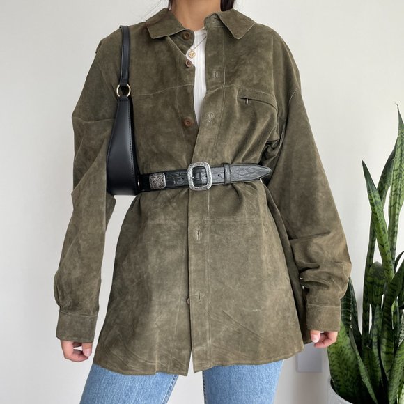 Vintage 100% suede leather shirt jacket / shacket in olive green - Picture 2 of 13